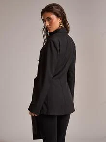 SHEIN BAE Blazer Elegan Wanita dengan Dekorasi Logam di Sisi Pinggang dan Kerah Berlipat, Lengan Panjang - Hitam - View 2