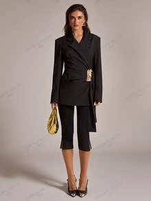 SHEIN BAE Blazer Elegan Wanita dengan Dekorasi Logam di Sisi Pinggang dan Kerah Berlipat, Lengan Panjang - Hitam - View 4