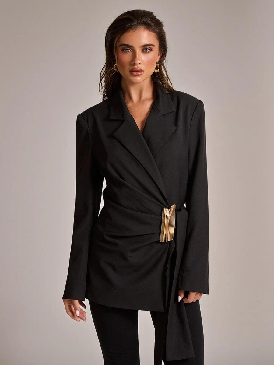 SHEIN BAE Blazer Elegan Wanita dengan Dekorasi Logam di Sisi Pinggang dan Kerah Berlipat, Lengan Panjang - Hitam - View 1