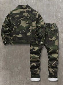 SHEIN 兒童男童迷彩丹寧翻領長袖夾克與彈性修身長褲 2 件套 - 彩色 - 查看 2