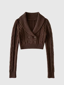 ROMWE Autumn/Winter Vintage Y2K Double-Breasted All-Match Versatile Slim Fit Retro Collegiate Cable Knit Women's Cardigan - Brown - View 1