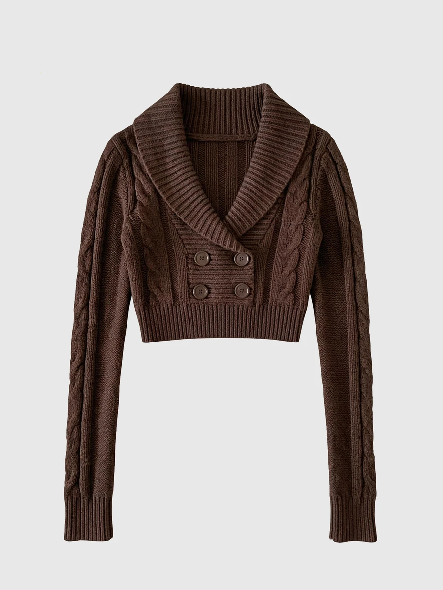 ROMWE Autumn/Winter Vintage Y2K Double-Breasted All-Match Versatile Slim Fit Retro Collegiate Cable Knit Women's Cardigan - Brown - View 1