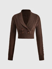 ROMWE Autumn/Winter Vintage Y2K Double-Breasted All-Match Versatile Slim Fit Retro Collegiate Cable Knit Women's Cardigan - Brown - View 3