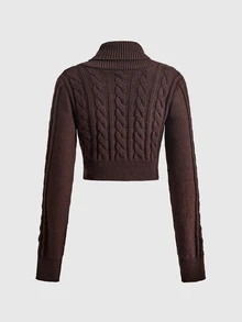 ROMWE Autumn/Winter Vintage Y2K Double-Breasted All-Match Versatile Slim Fit Retro Collegiate Cable Knit Women's Cardigan - Brown - View 2