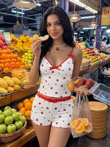 SHEIN ICON White Spaghetti Strap Strawberry Print Camisole And Super Low Waist High Slit Mini Shorts 2 Pieces Set Lounge Summer Cute Lounge Cute - Red and White - View 5