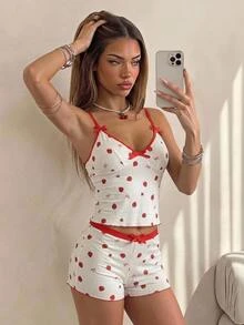 SHEIN ICON White Spaghetti Strap Strawberry Print Camisole And Super Low Waist High Slit Mini Shorts 2 Pieces Set Lounge Summer Cute Lounge Cute - Red and White - View 1