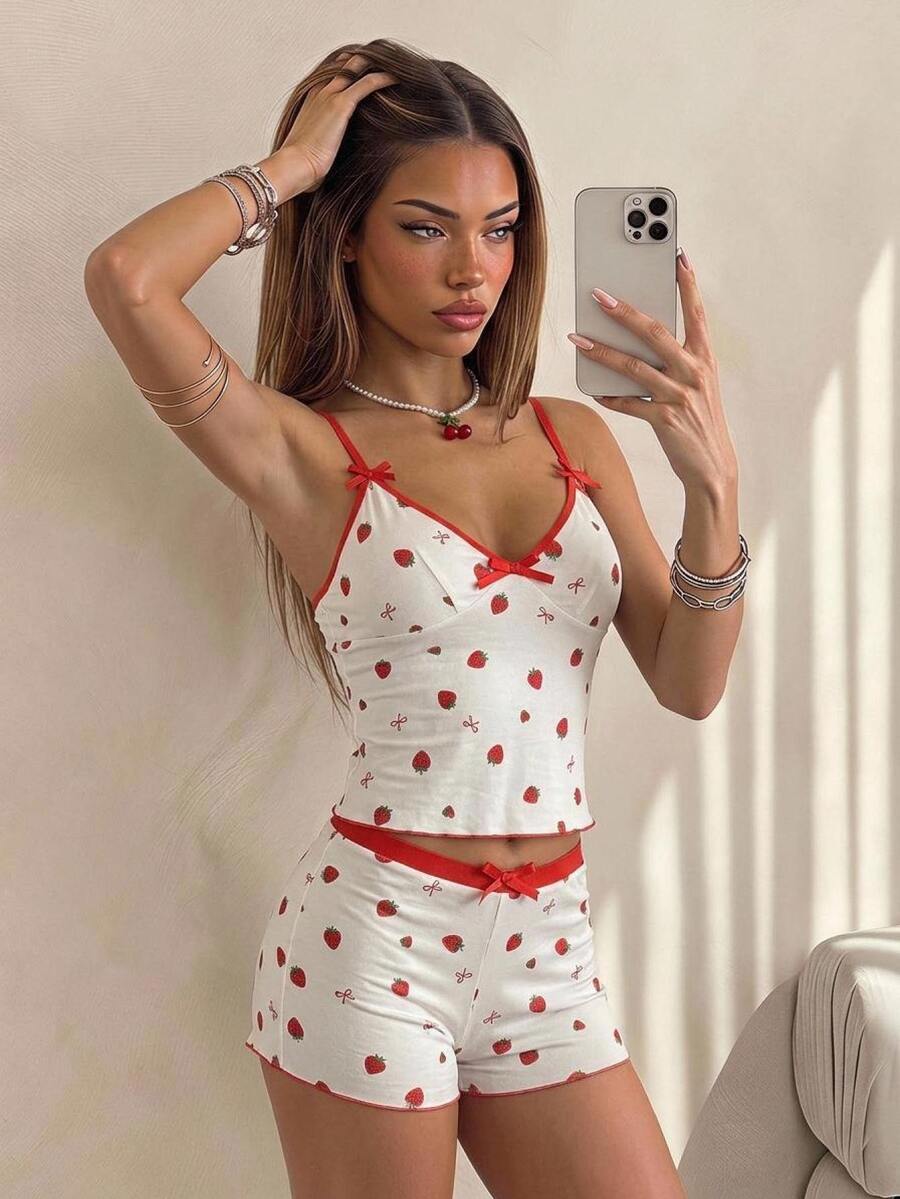 SHEIN ICON White Spaghetti Strap Strawberry Print Camisole And Super Low Waist High Slit Mini Shorts 2 Pieces Set Lounge Summer Cute Lounge Cute - Red and White - View 1