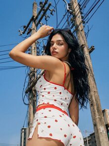 SHEIN ICON White Spaghetti Strap Strawberry Print Camisole And Super Low Waist High Slit Mini Shorts 2 Pieces Set Lounge Summer Cute Lounge Cute - Red and White - View 2