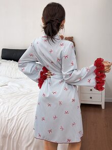 Napfluff رداء نسائي بأكمام طويلة بطبعة فيونكة مخططة مع حواف دانتيل ثلاثية الأبعاد وتصميم باتشوورك ملون - الأزرق - مشاهدة 2