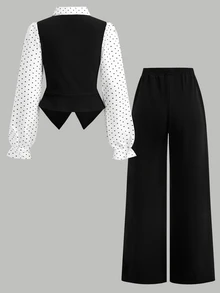 SHEIN Girlism 兒童青少年女孩黑白幾何蝴蝶結雙鈕扣拉鍊領波點襯衫與超長褲 2件組 英倫風秋冬套裝 - 黑與白 - 查看 2