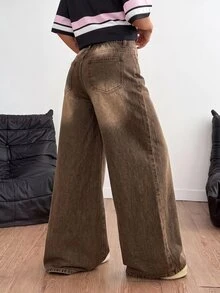 SHEIN 青少年女孩口袋寬腿鬆垮休閒百搭牛仔褲 - 棕色 - 查看 3