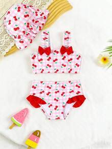 女嬰 3 件式草莓印花泳衣套裝，女嬰泳衣服飾，熱粉色夏季 Y2K 熱帶海灘派對風 - 彩色 - 查看 2