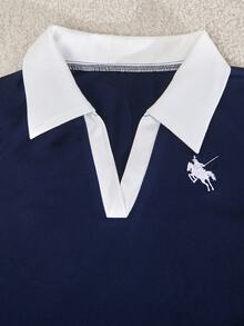 Teen Girls 2pcs/Set Short Sleeve Casual Streetwear Navy Blue Sport Set Summer Back-To-School Graduation Polo Collar Contrast Stitching Embroidered - Navy Blue - View 4