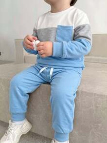 SHEIN Genkimix Kids 小男孩拼色拼接運動衫與運動長褲套裝，休閒時尚秋季/冬季生日穿搭，白色粉色 - 彩色 - 查看 1