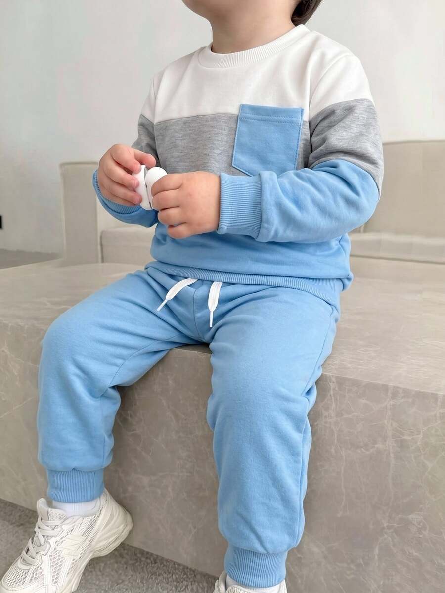 SHEIN Genkimix Kids 小男孩拼色拼接運動衫與運動長褲套裝,休閒時尚秋季/冬季生日穿搭,白色粉色 - 彩色 - 查看 1