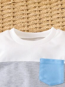 SHEIN Genkimix Kids 小男孩拼色拼接運動衫與運動長褲套裝，休閒時尚秋季/冬季生日穿搭，白色粉色 - 彩色 - 查看 7