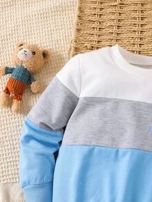 SHEIN Genkimix Kids 小男孩拼色拼接運動衫與運動長褲套裝，休閒時尚秋季/冬季生日穿搭，白色粉色 - 彩色 - 查看 6