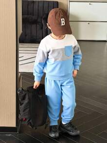 SHEIN Genkimix Kids 小男孩拼色拼接運動衫與運動長褲套裝，休閒時尚秋季/冬季生日穿搭，白色粉色 - 彩色 - 查看 3