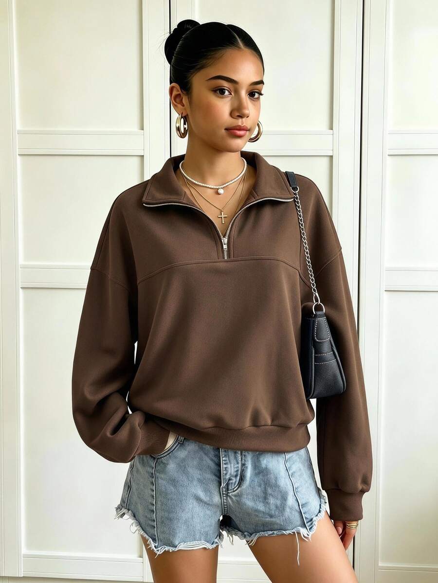 SHEIN Sparklyn Teen Girl Fleece Fall Clothes Solid Color Drop Shoulder Long Sleeve Half Zip Casual Baggy Sweatshirt Autumn Fall, Sweaters Graduation Sixth Form Brown - Coffee Brown - View 1