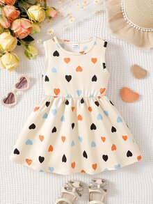SHEIN Playful Pals 女嬰米色心形印花圓領無袖休閒可愛洋裝，派對度假夏季款 - 彩色 - 查看 3