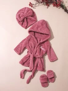 SHEIN 新生女嬰攝影浴袍套裝，附配套頭巾帽與迷你拖鞋，嬰兒拍照服飾，愛心刺繡道具，粉紅色/淺粉色 - 粉色 - 查看 8