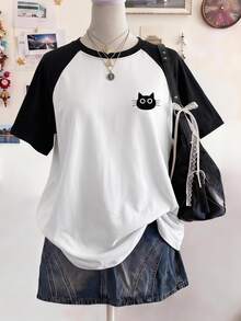 SHEIN Teen Girls Casual Versatile Cat Pattern Black & White Raglan Sleeve Short Sleeve T-Shirt Summer Holiday - Multicolor - View 1