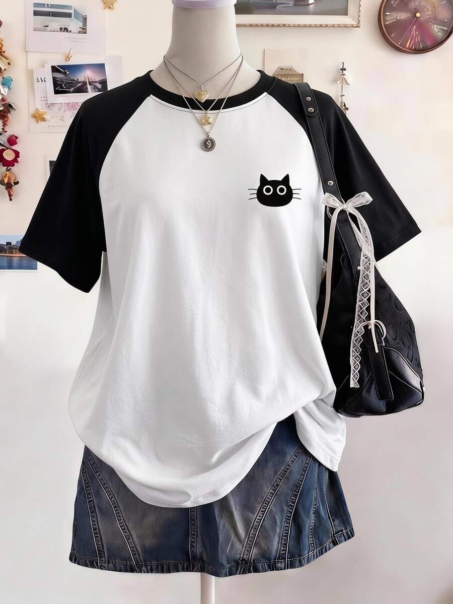 SHEIN Teen Girls Casual Versatile Cat Pattern Black & White Raglan Sleeve Short Sleeve T-Shirt Summer Holiday - Multicolor - View 1