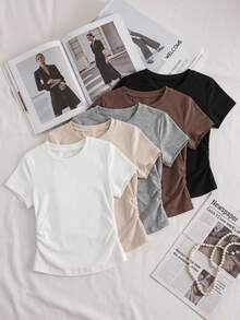 SHEIN Explorewe 少女五件套T恤套装，休闲可爱白色、香槟色、花卉图案、灰色、摩卡棕色、黑色纯色修身短款T恤 - 彩色 - 查看 1