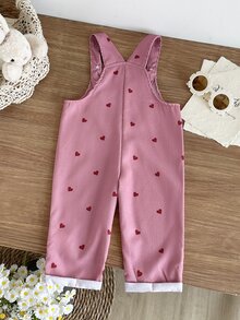 SHEIN Vintaside Kids 韓式灰粉色愛心印花燈芯絨嬰兒吊帶褲，柔軟舒適休閒長褲，可愛百搭 1 歲生日秋季拍照服飾 - 粉色 - 查看 4