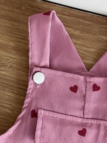 SHEIN Vintaside Kids 韓式灰粉色愛心印花燈芯絨嬰兒吊帶褲，柔軟舒適休閒長褲，可愛百搭 1 歲生日秋季拍照服飾 - 粉色 - 查看 6