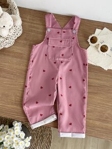 SHEIN Vintaside Kids 韓式灰粉色愛心印花燈芯絨嬰兒吊帶褲，柔軟舒適休閒長褲，可愛百搭 1 歲生日秋季拍照服飾 - 粉色 - 查看 3