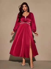 Velvienne Plus Size Women's Satin Faux Pearl Decor Front Slit Dress For Evening Party Christmas Fall - Burgundy - View 7