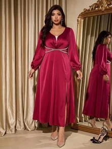 Velvienne Plus Size Women's Satin Faux Pearl Decor Front Slit Dress For Evening Party Christmas Fall - Burgundy - View 4