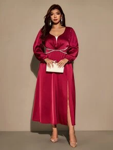 Velvienne Plus Size Women's Satin Faux Pearl Decor Front Slit Dress For Evening Party Christmas Fall - Burgundy - View 5
