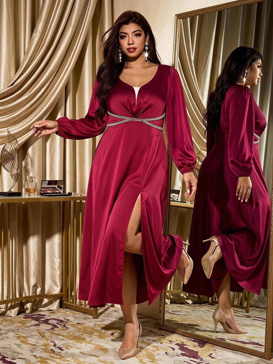 Velvienne Plus Size Women's Satin Faux Pearl Decor Front Slit Dress For Evening Party Christmas Fall - Burgundy - View 1