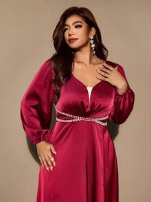 Velvienne Plus Size Women's Satin Faux Pearl Decor Front Slit Dress For Evening Party Christmas Fall - Burgundy - View 8
