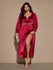 Velvienne Plus Size Women's Satin Faux Pearl Decor Front Slit Dress For Evening Party Christmas Fall - Burgundy - View 6