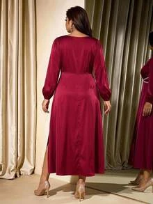 Velvienne Plus Size Women's Satin Faux Pearl Decor Front Slit Dress For Evening Party Christmas Fall - Burgundy - View 2