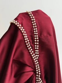 Velvienne Plus Size Women's Satin Faux Pearl Decor Front Slit Dress For Evening Party Christmas Fall - Burgundy - View 11