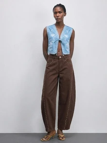 Maija Women's Beaded Decor Curved Leg Jeans - Brown - View 8