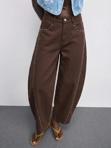 Maija Women's Beaded Decor Curved Leg Jeans - Brown - View 4