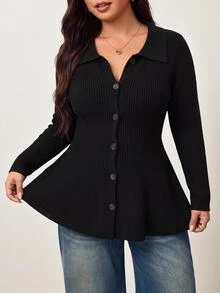 Enliva Plus-Size Women's Slim-Fit Knit Cardigan, Suitable For Autumn And Winter, And For Curvy Figures Basic Top Women Fall Winter Sweater - Black - View 4