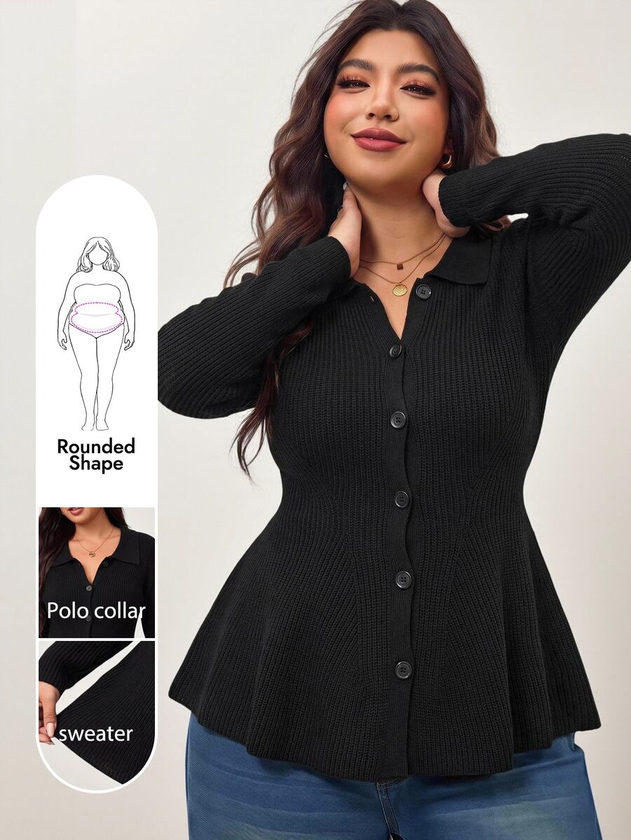 Enliva Plus-Size Women's Slim-Fit Knit Cardigan, Suitable For Autumn And Winter, And For Curvy Figures Basic Top Women Fall Winter Sweater - Black - View 1