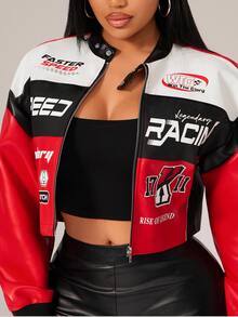 Radiana Curve Plus Size Women's Letter Pattern Color Block Short PU Leather Jacket, Motorcycle/Racing/Pilot, Outerwear For Autumn/Winter Black And Red Going Out - Multicolor - View 7