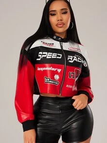 Radiana Curve Plus Size Women's Letter Pattern Color Block Short PU Leather Jacket, Motorcycle/Racing/Pilot, Outerwear For Autumn/Winter Black And Red Going Out - Multicolor - View 8