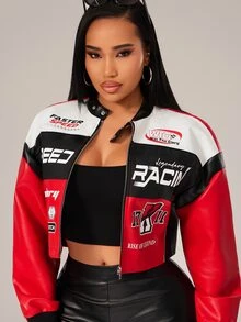 Radiana Curve Plus Size Women's Letter Pattern Color Block Short PU Leather Jacket, Motorcycle/Racing/Pilot, Outerwear For Autumn/Winter Black And Red Going Out - Multicolor - View 2