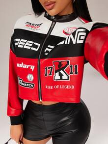 Radiana Curve Plus Size Women's Letter Pattern Color Block Short PU Leather Jacket, Motorcycle/Racing/Pilot, Outerwear For Autumn/Winter Black And Red Going Out - Multicolor - View 6