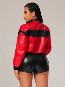 Radiana Curve Plus Size Women's Letter Pattern Color Block Short PU Leather Jacket, Motorcycle/Racing/Pilot, Outerwear For Autumn/Winter Black And Red Going Out - Multicolor - View 3