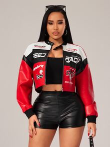 Radiana Curve Plus Size Women's Letter Pattern Color Block Short PU Leather Jacket, Motorcycle/Racing/Pilot, Outerwear For Autumn/Winter Black And Red Going Out - Multicolor - View 4