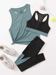 SHEIN Cheerettes 3pcs Colorblock Sports Activewear Set Workout Women Set - Multicolor - View 2